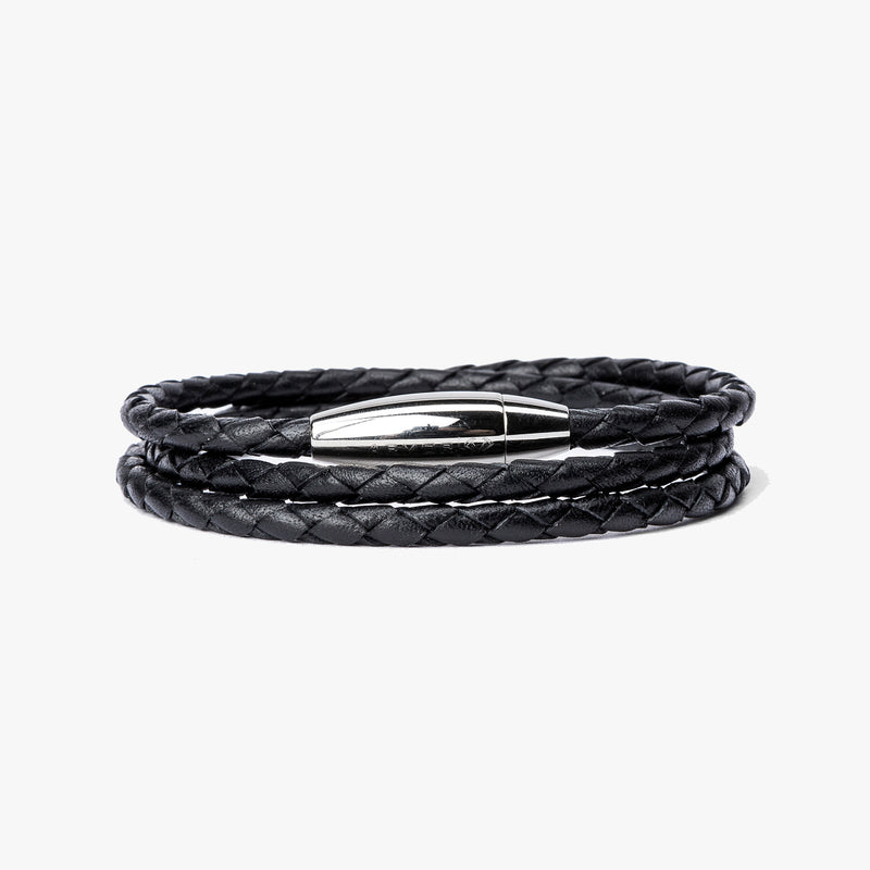 Braided Black Leather Wrap, Polished Steel M (7.25" Wrist) |  Dial