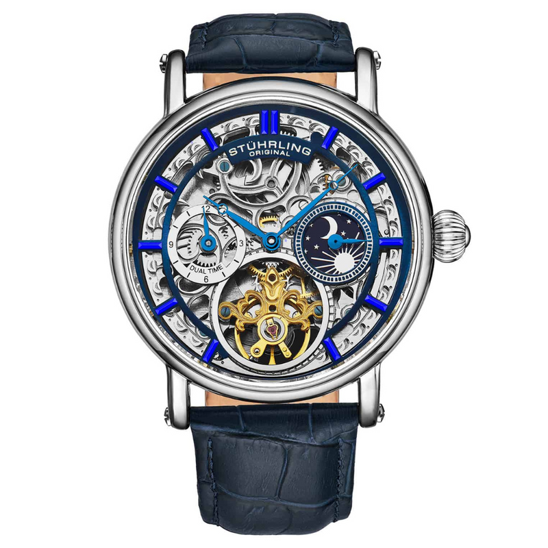 Legacy Automatic 43mm Skeleton Silver Case/ Blue Leather Strap | Blue Dial