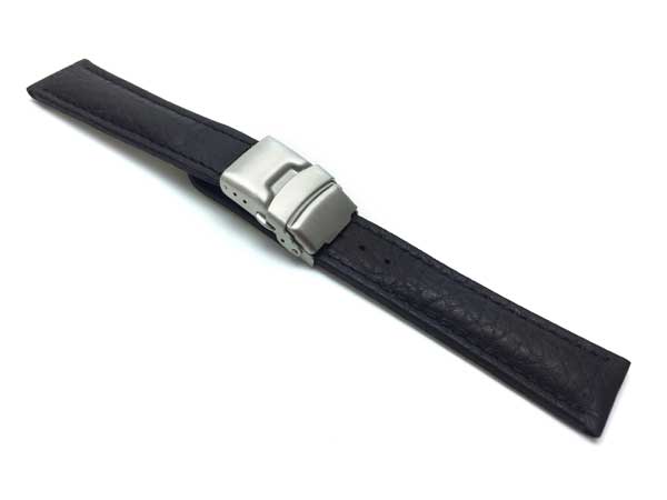 Bandini 24mm Black Italian Leather Watch Band - Deployment - Semi-Padded 24mm / Black / Silver Buckle |  Dial