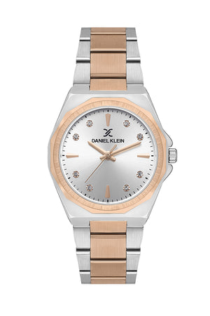 Womens Metal Watch, Crystal Index - DK13611 Rose Gold and Silver Black Dial