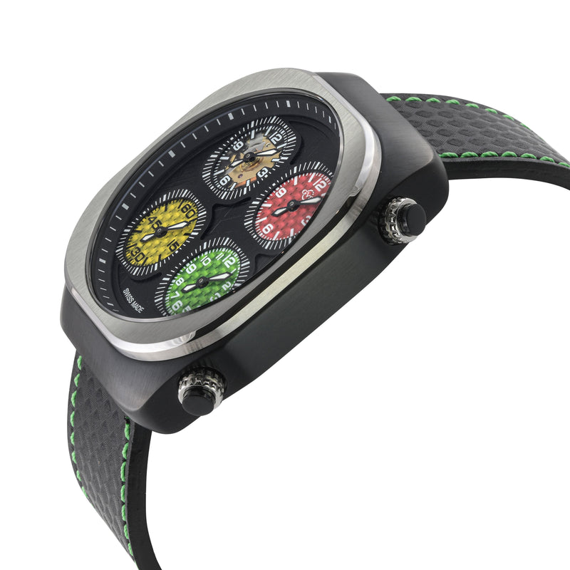 Quattro Zone GV2 Swiss Quartz, 316L Black Case, Silver Bezel, Black dial, Sub Dials, Black Italian Leather Strap | Black Dial