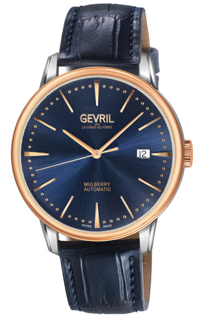 Mulberry Gevril Men's Mulberry SS Case, IPRG Bezel, Blue Dial with embossed textured, Blue Handmade Italian Leather Strap | Blue Dial