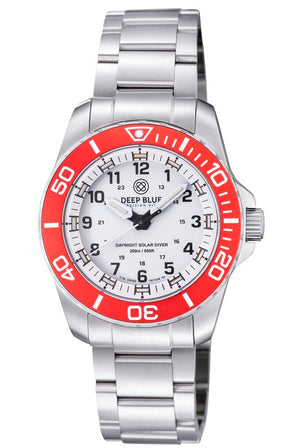 DAYNIGHT 43MM DIVER SOLAR  STAINLESS STEEL TRITIUM DAYNIGHT  RED/WHITE BEZEL –WHITE DIAL CUSTOM FIT BRACELET White Dial