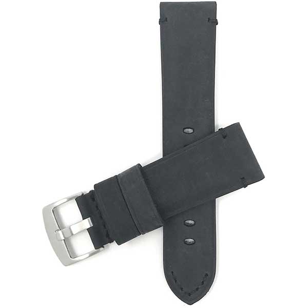 520 | 22mm Black and Black Stitch Mens Distressed Leather Watch Strap, Stitch 22mm / Black and Black Stitch / Silver Buckle |  Dial