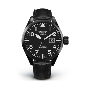AIRACOBRA P42 Black Calf Leather Strap | Black Dial