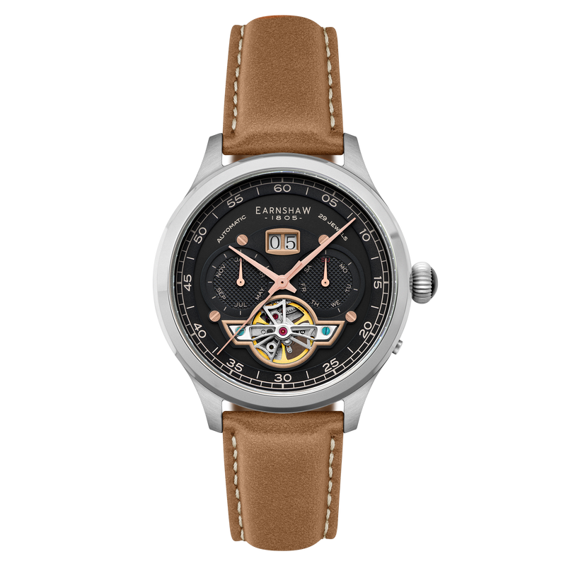 Baron Grand Date Calendar Open Heart Automatic Black / Brown Leather | Black Dial