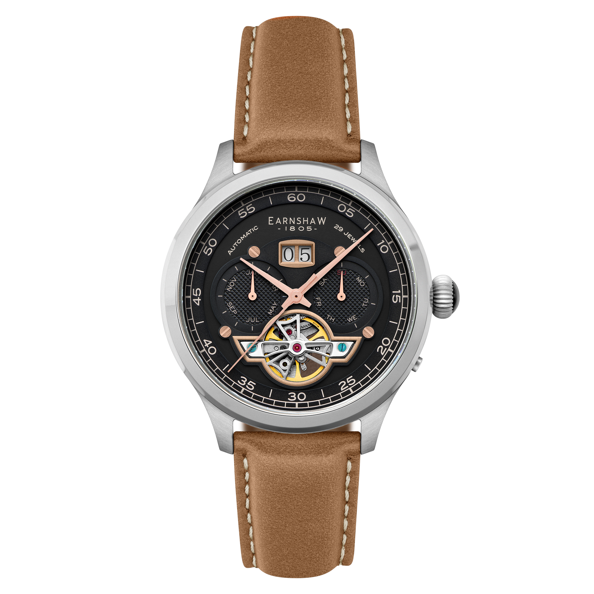 Baron Grand Date Calendar Open Heart Automatic Black / Brown Leather | Black Dial