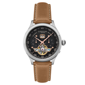 Baron Grand Date Calendar Open Heart Automatic Black / Brown Leather | Black Dial