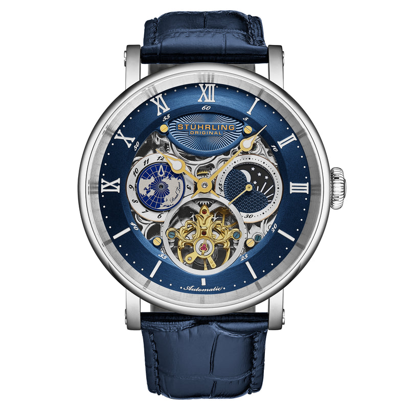 Dual Time Automatic Majestic 47mm Skeleton Blue/Leather | Blue Dial