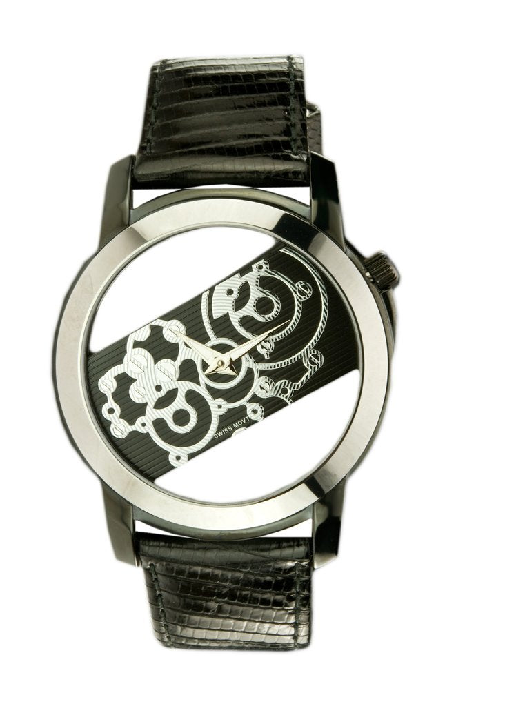 Men's Silvertone Swiss Quartz Tungsten & Stainless Steel See-Through Dial Watch stainless/black | Black Dial