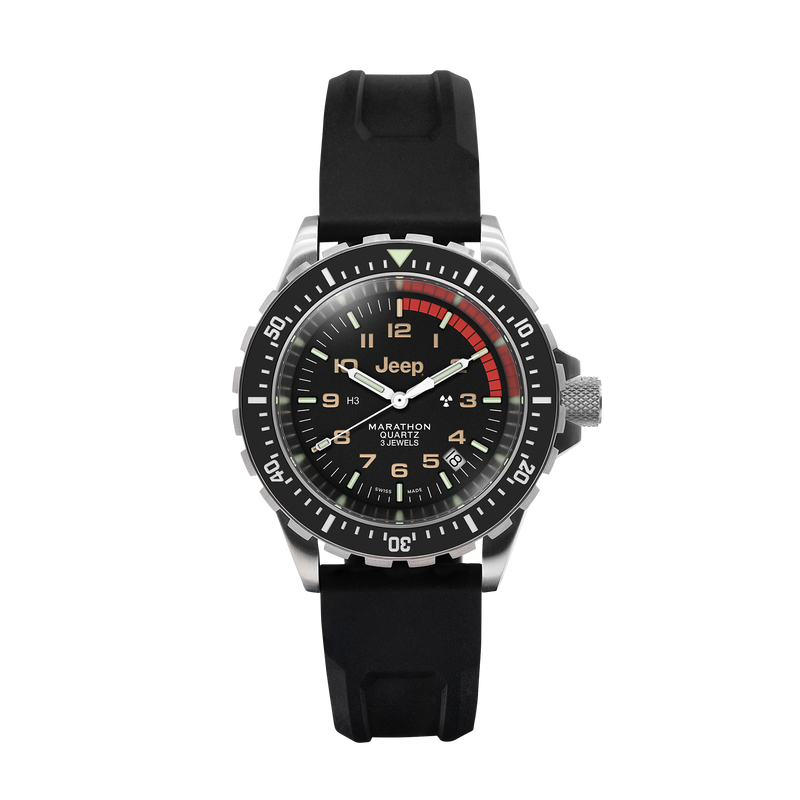 41mm JEEP RUBICON TSAR, SS, COL: SS/BKSS 3PC RUBBER JEEP TSAR ON BLACK 3PC RUBBER STRAP | Black Dial