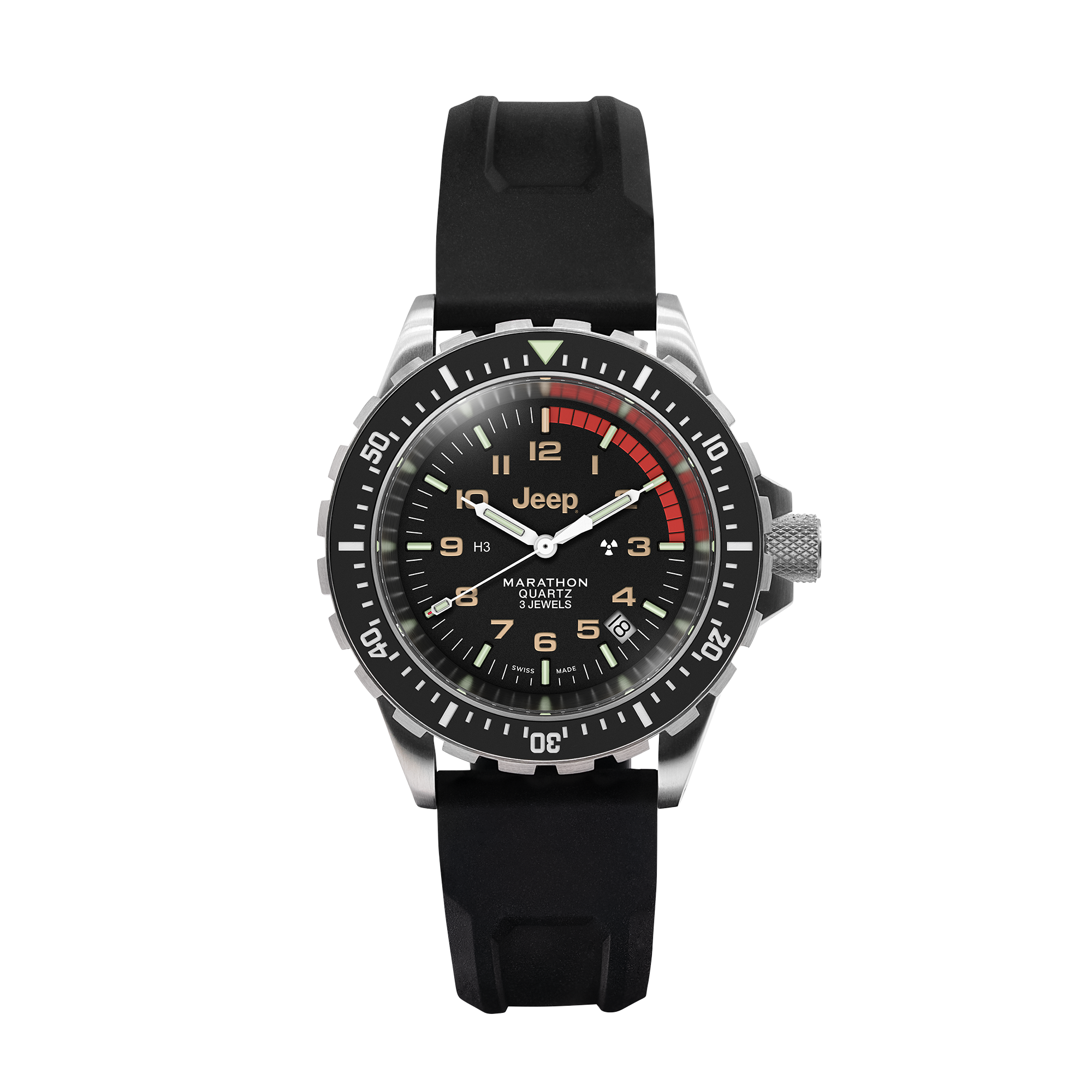 41mm JEEP RUBICON TSAR, SS, COL: SS/BKSS 3PC RUBBER JEEP TSAR ON BLACK 3PC RUBBER STRAP | Black Dial