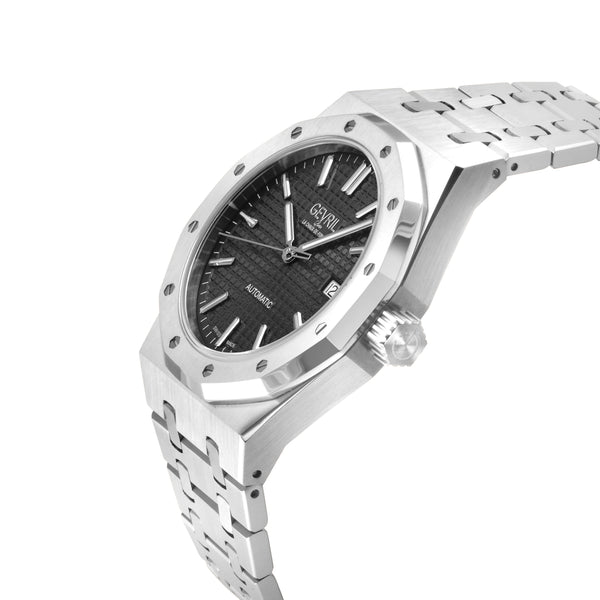 Gotham Swiss Automatic Movement Black Embossed Dial, 316L Stainless Steel Bracelet | Black Dial Dial