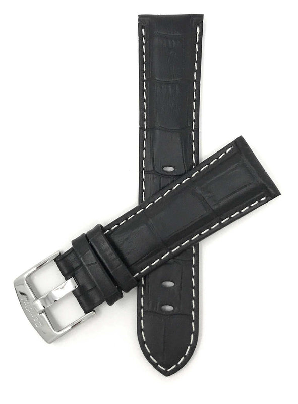 Bandini 26mm Black Italian Leather Watch Band - Alligator Pattern - White Stitch -Semi-Padded 26mm / Black / Silver Buckle |  Dial