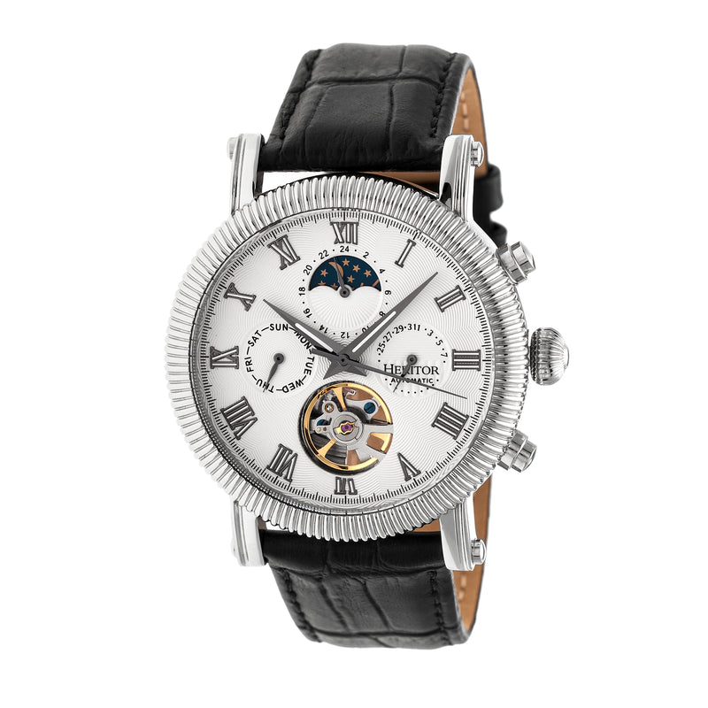 Winston Semi-Skeleton Leather-Band Watch Silver | White Dial