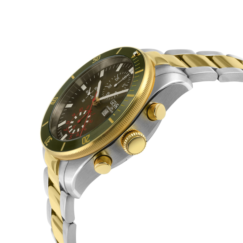 Yorkville - Chronograph Gevril Yorkville Swiss Automatic Chronograph  Watch, SS Case, Green/Gold bezel, Green Dial, SS/IPYG Bracelet. | Green Dial
