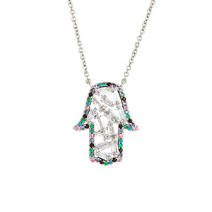 Elegant Confetti Women's 18K White Gold Plated CZ Simulated Diamond Hamsa Charm Fashion Necklace 18k White Gold