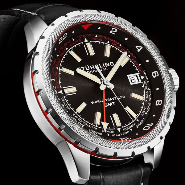 Global Voyager GMT 42mm World Timer Watch Black/Leather | Black Dial