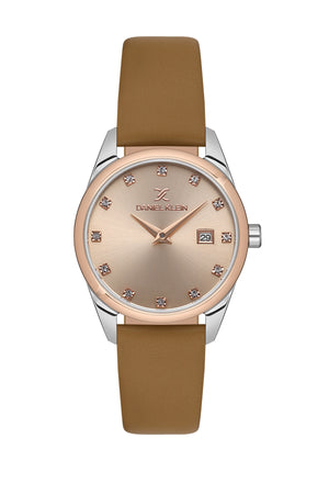 Womens Watch, Crystals, Leather Band - DK13664 Rose Gold / Tan Black Dial
