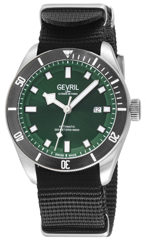 Yorkville Gevril Men's Yorkville Green Dial Sellita SW200 Swiss Automatic Rotating Bezel Bracelet Date Luminous Watch Nato Strap | Green Dial