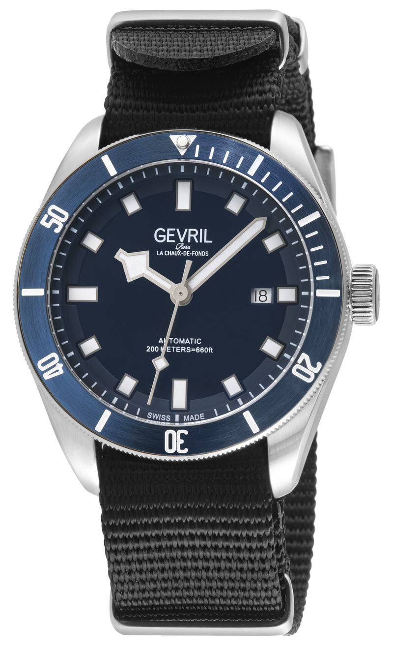 Yorkville Gevril Men's Yorkville Blue Dial Sellita SW200 Swiss Automatic Rotating Bezel Bracelet Date Luminous Watch Nato Strap | Blue Dial