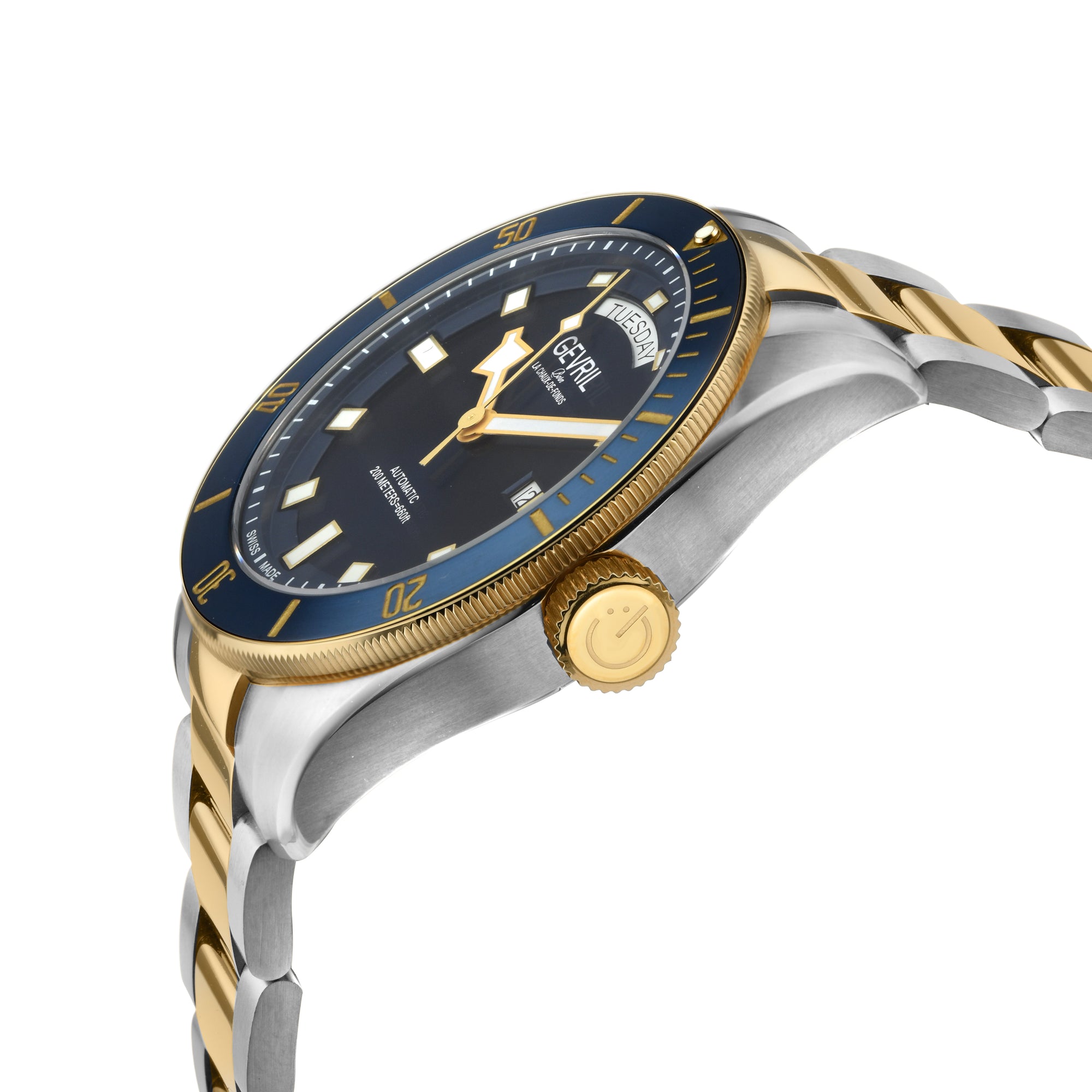 Yorkville-Diver Gevril Yorkville Sellita SW240 Swiss Automatic Diver Watch, SS Case, Blue/IPYG bezel, Blue Dial | Blue Dial