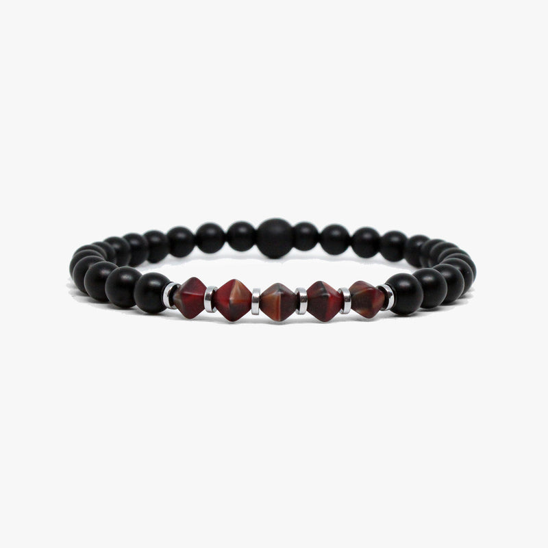 Red  Bicone Czech Glass,  Black Onyx Bracelet M (7.25" Wrist) |  Dial