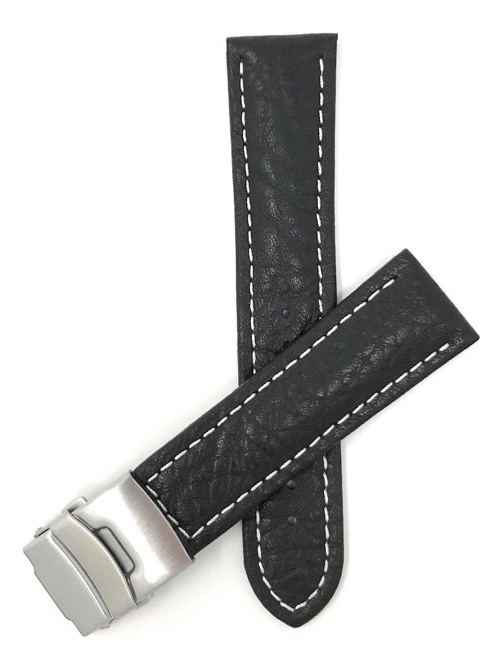 Bandini 18mm Black Italian Leather Watch Band - Deployment Clasp - Semi-Padded 18mm / Black / Silver Buckle |  Dial
