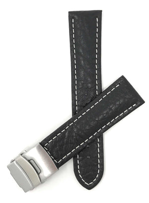 Bandini 18mm Black Italian Leather Watch Band - Deployment Clasp - Semi-Padded 18mm / Black / Silver Buckle |  Dial