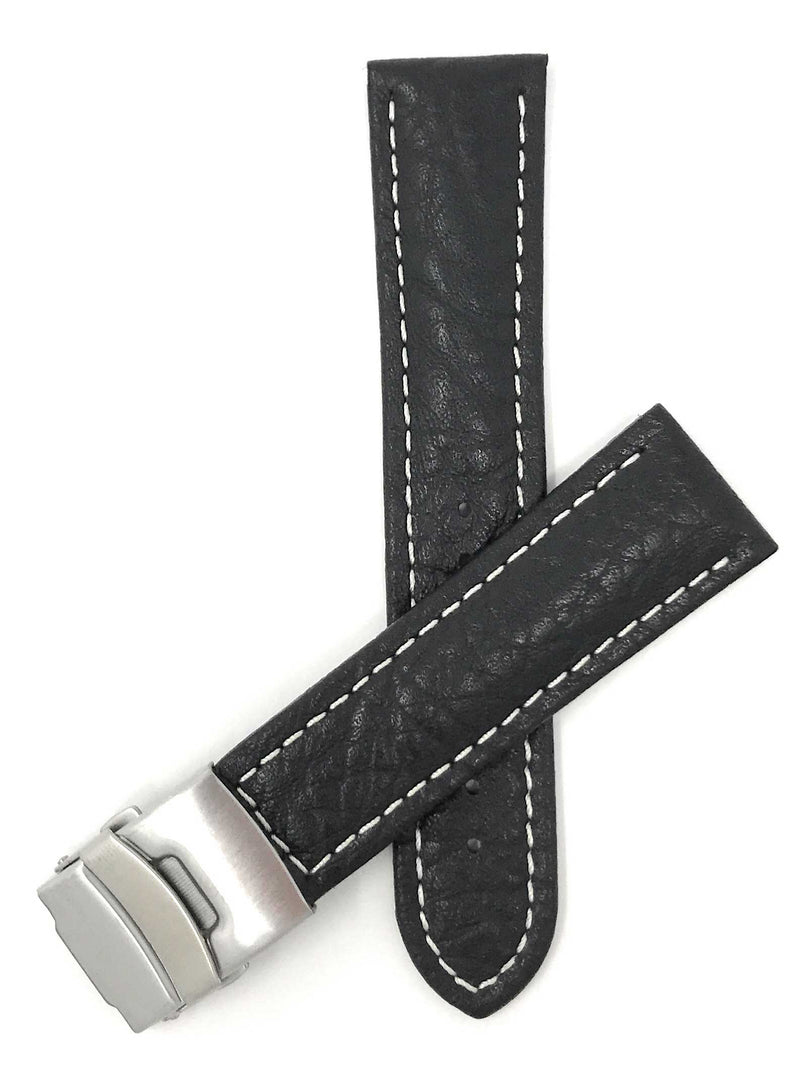 Bandini 18mm Black Italian Leather Watch Band - Deployment Clasp - Semi-Padded 18mm / Black / Silver Buckle |  Dial