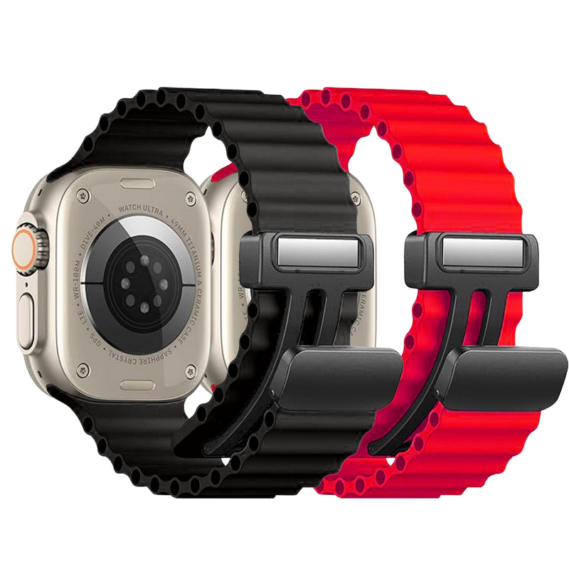 2 Pack - Magnetic Clasp Silicone Ocean Ripple Band for Apple Watch Ultra & Series 9/8/7/6 Black and Red - 49mm/45mm/44mm/42mm |  Dial