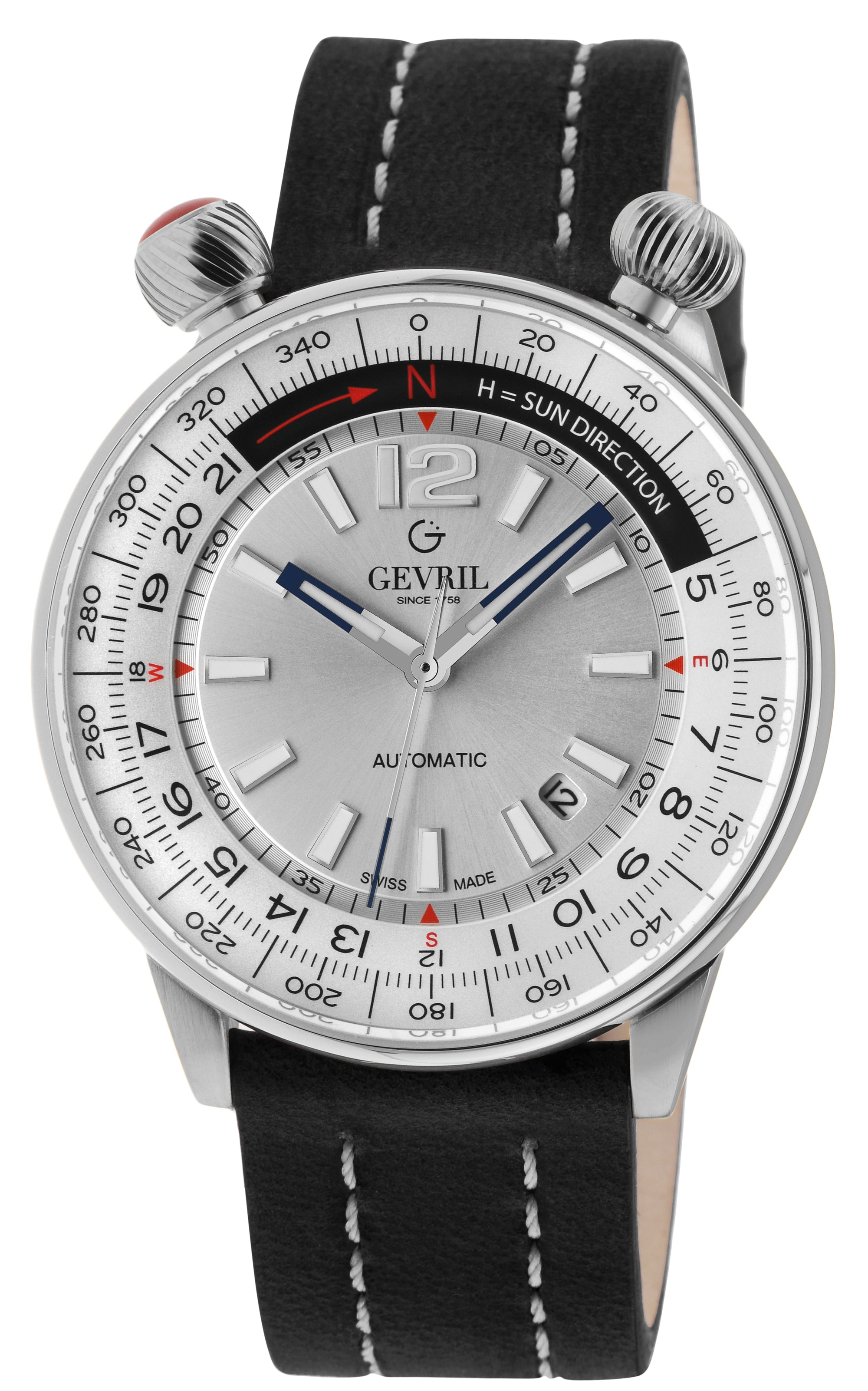 Wallabout Swiss Made Automatic Solar compass silver Black | Silver Dial