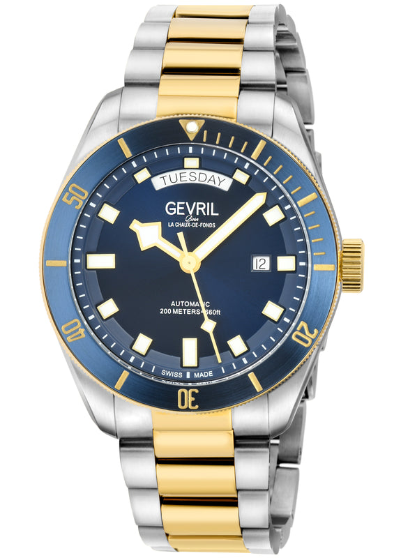 Yorkville-Diver Gevril Yorkville Sellita SW240 Swiss Automatic Diver Watch, SS Case, Blue/IPYG bezel, Blue Dial | Blue Dial
