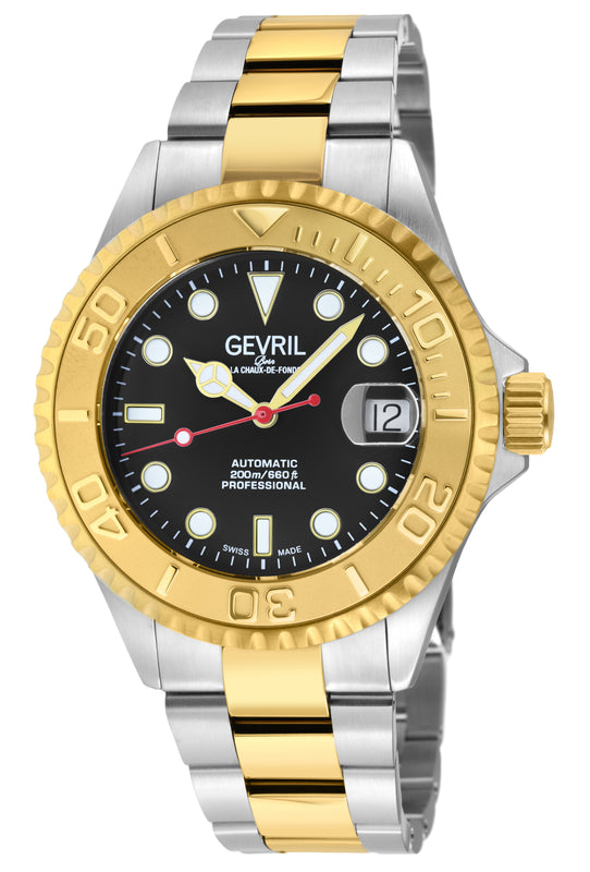 Wall Street Gevril Swiss Made SW200 Steel Rotating Bezel Diver's watch, Two toned Gold bezel, Black dial | Black Dial