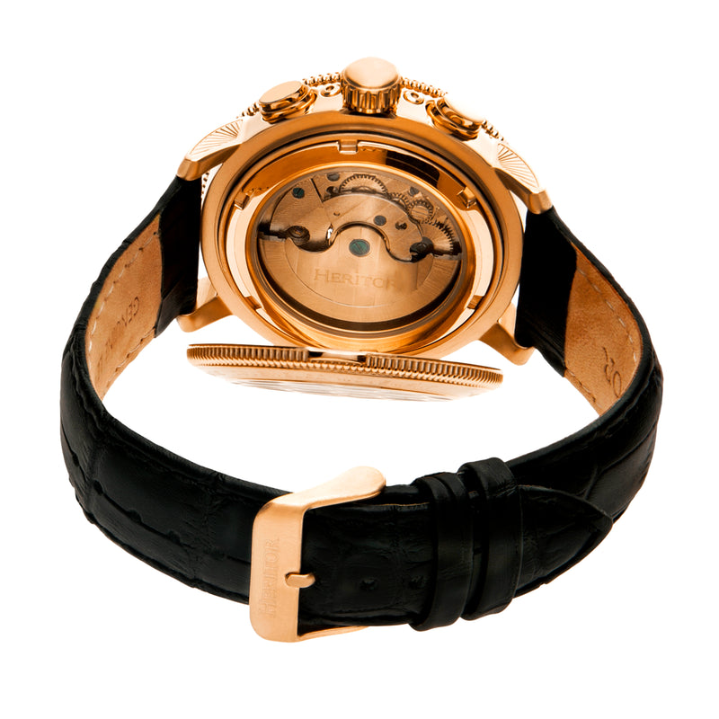 Aura Semi-Skeleton Genuine Leather-Band Watch Rose Gold/Black | Multi-colored Dial