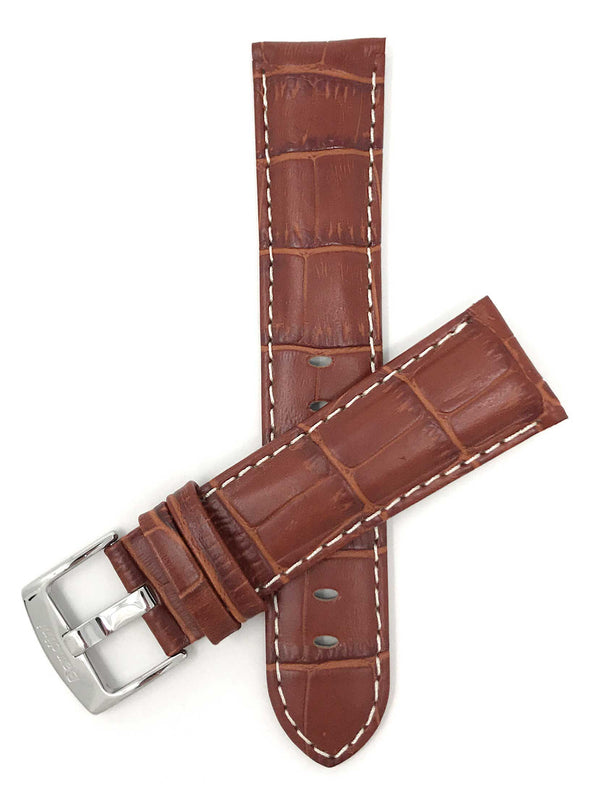 Bandini 18mm Dark Tan Italian Leather Watch Band - Alligator Pattern - White Stitch -  Semi-Padded 18mm / Dark Tan / Silver Buckle |  Dial