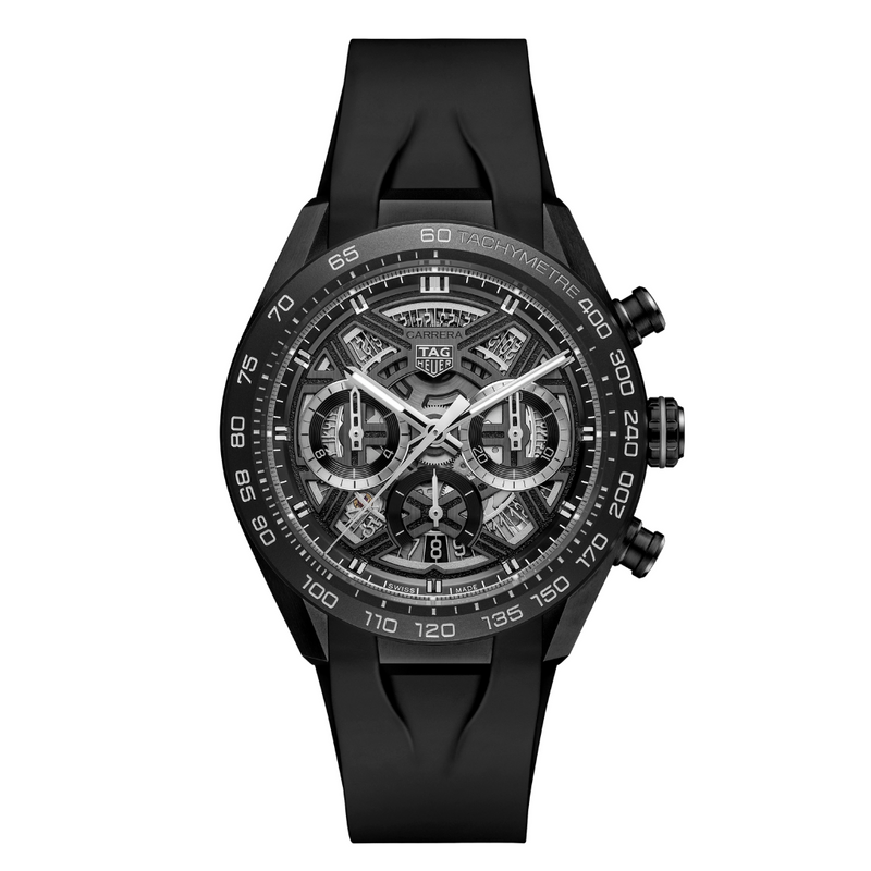 TAG HEUER CARRERA 44M, W/R 100M, TITANIUM/CERAMIC CASE, BLACK RUBBER STRAP, SKELETON DIAL Black Skeleton Dial | Black Skeleton Dial