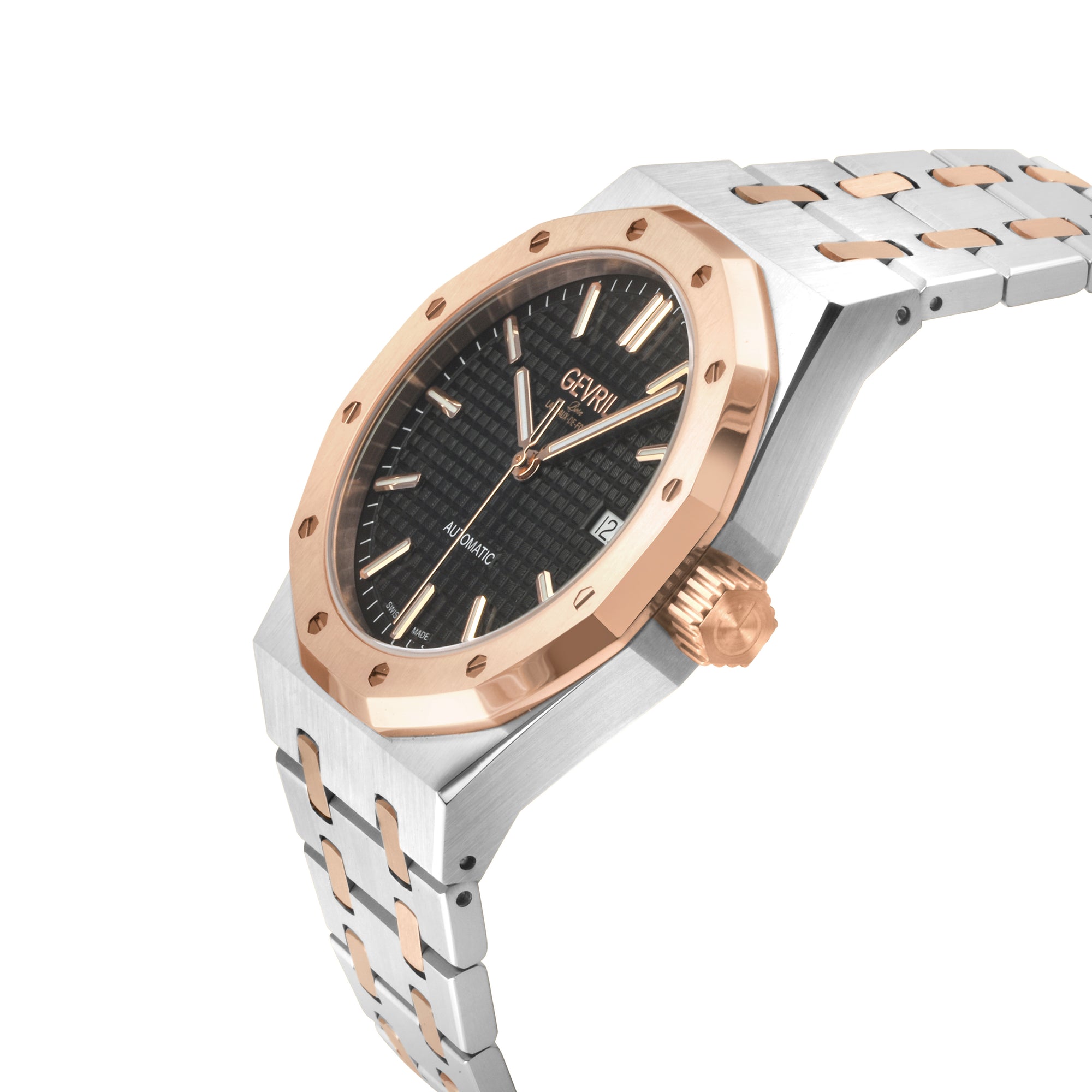 Gotham Swiss Automatic Movement, Black Embossed Dial, Two toned SS/IPRG Bracelet | Black Dial