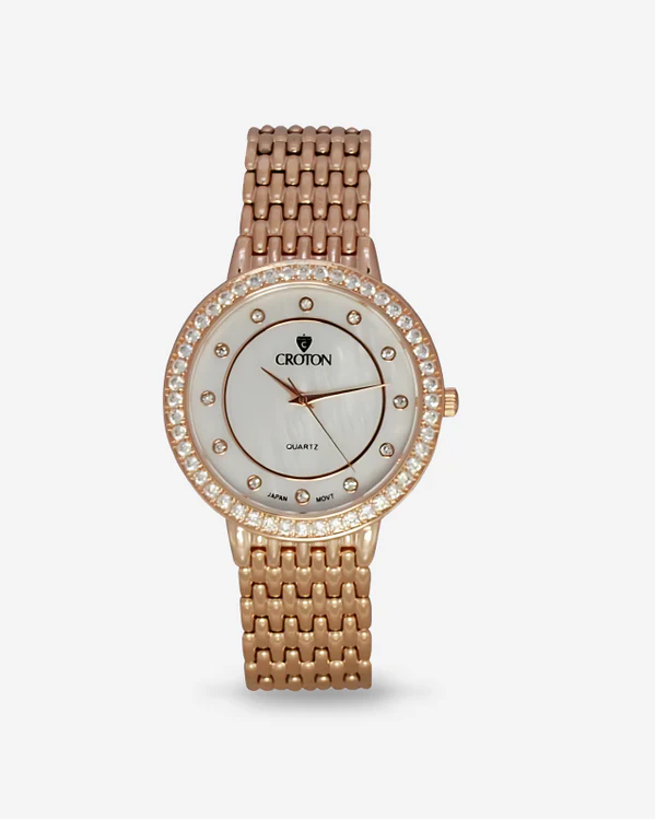 Unisex Rosetone Quartz Watch with Mother of Pearl Dial and Crystal Bezel  |  Dial