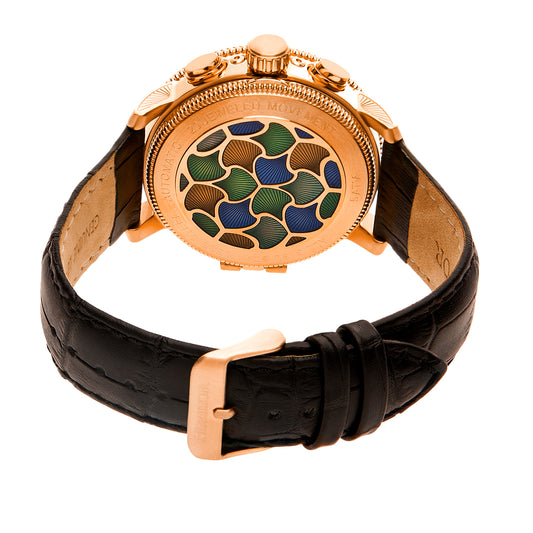 Aura Semi-Skeleton Genuine Leather-Band Watch Rose Gold/Black | Multi-colored Dial