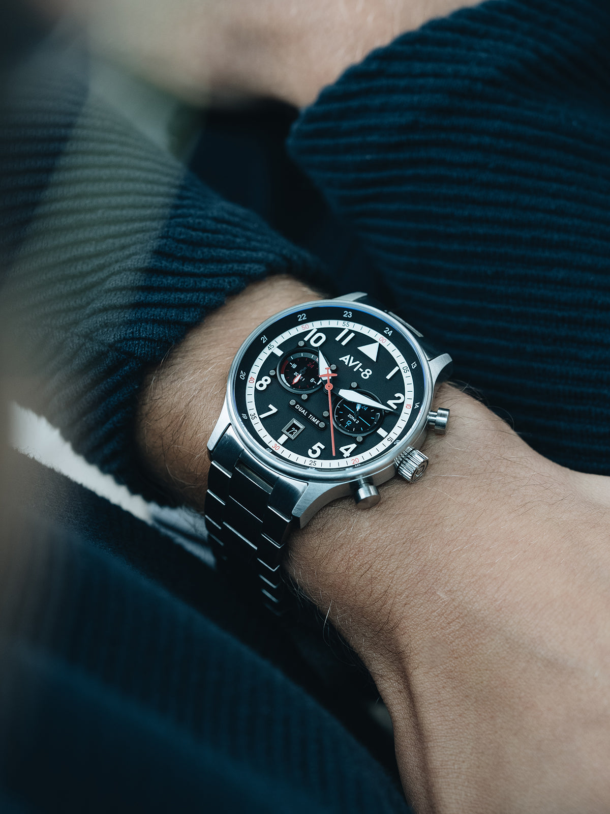 Hawker Hurricane Carey Dual Time Black & Stainless Steel / Stainless Steel | Black Dial