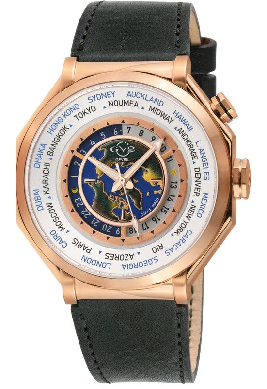 Marchese GV2 Men's Marchese IPRG Case, Silver/RG Dial, Green Handmade Italian Leather Strap | Black Dial