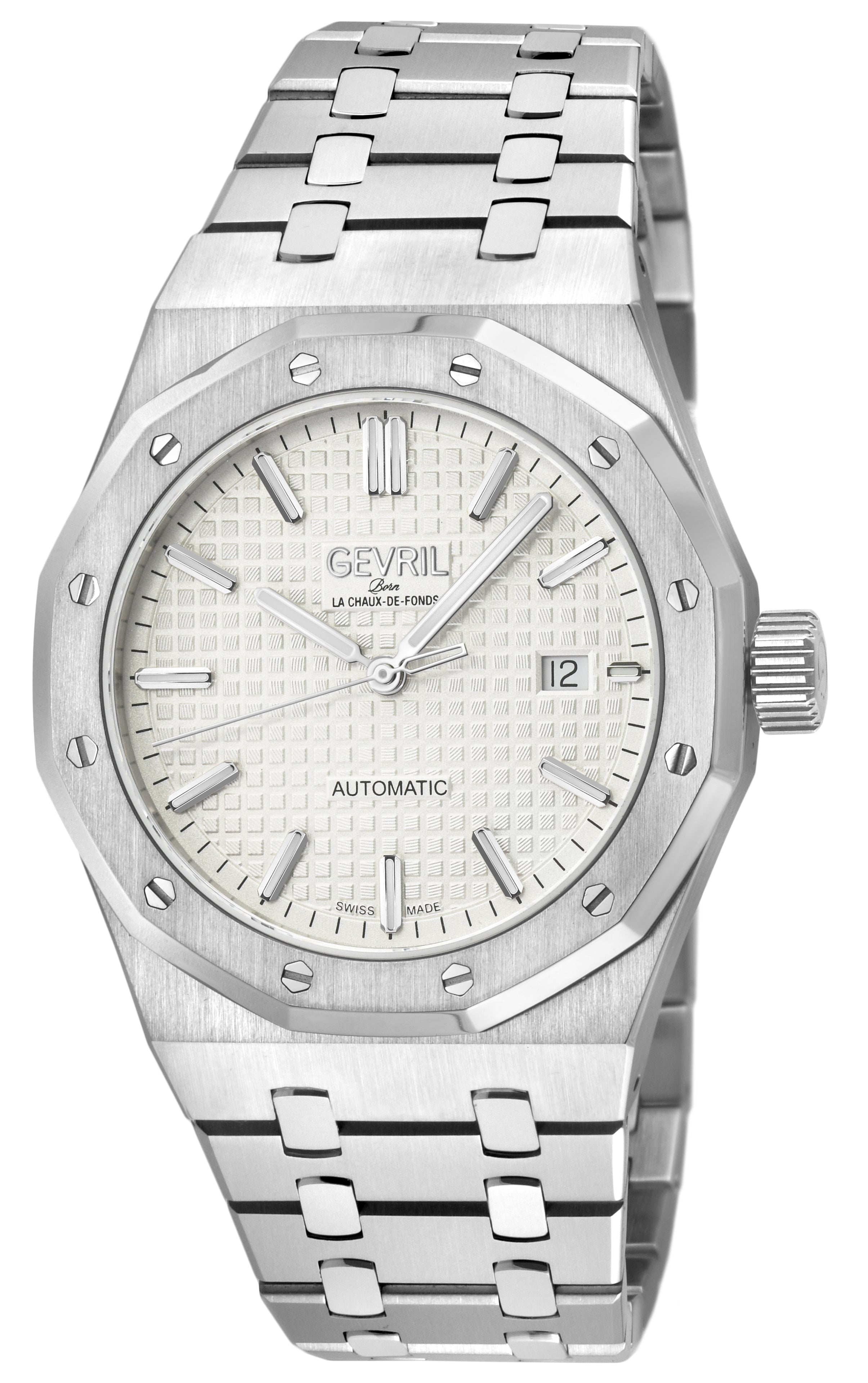 Gotham Swiss Automatic Movement, Silver/White Embossed Dial, 316L