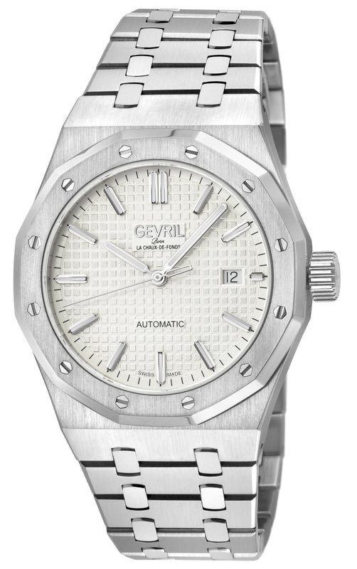 Gotham Swiss Automatic Movement, Silver/White Embossed Dial, 316L Stainless Steel Bracelet | White Dial