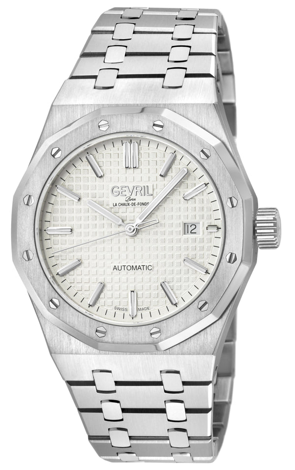 Gotham Swiss Automatic Movement, Silver/White Embossed Dial, 316L Stainless Steel Bracelet | White Dial