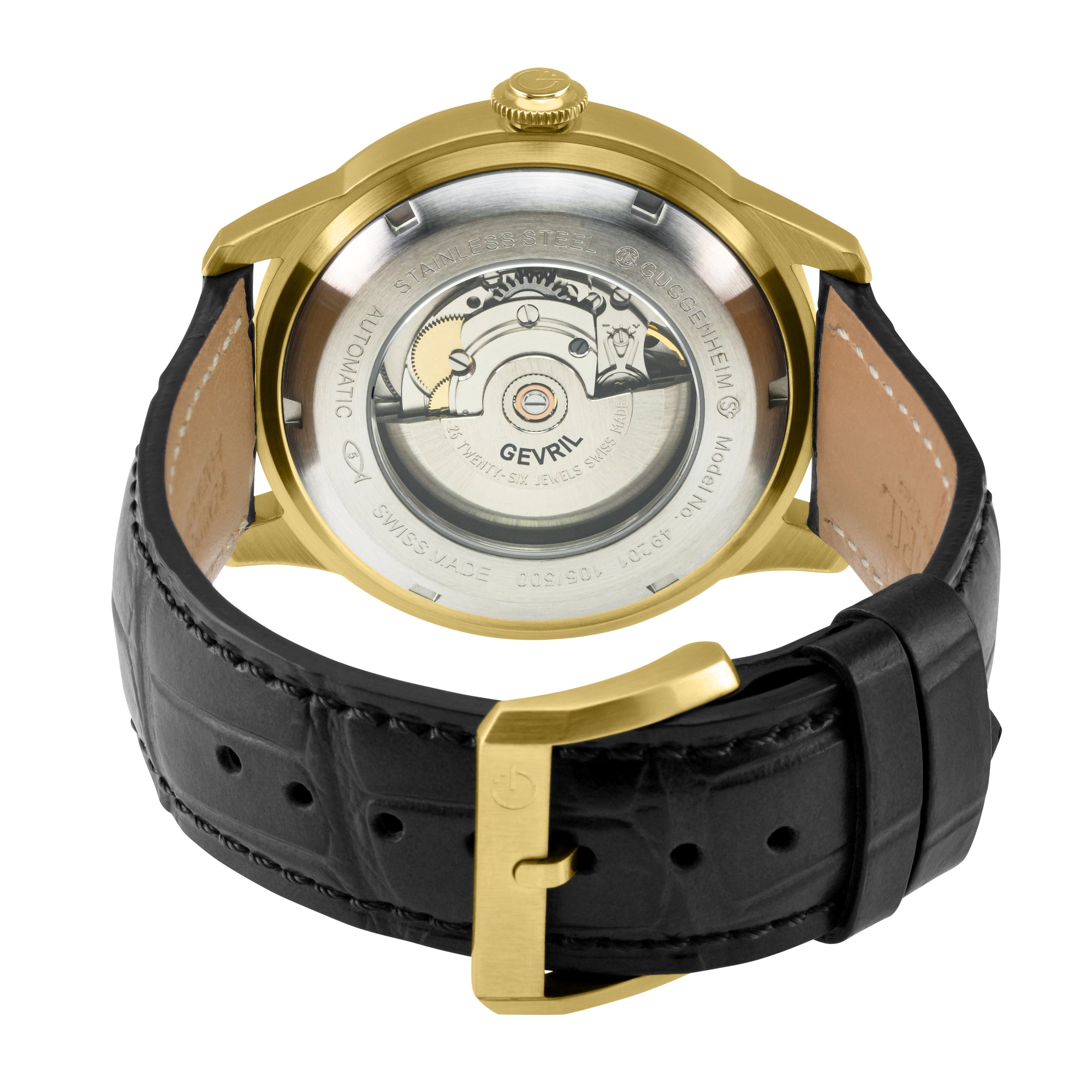 Guggenheim Gevril Men's Guggenheim Automatic IP Gold, Case, Black Dial, Genuine Italian Handmade Black Leather Strap with Black Stitching. | Black Dial