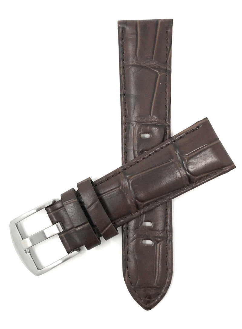 Bandini 20mm Brown Italian Leather Watch Band - Crocodile Pattern - Semi-Padded 20mm / Brown / Silver Buckle |  Dial