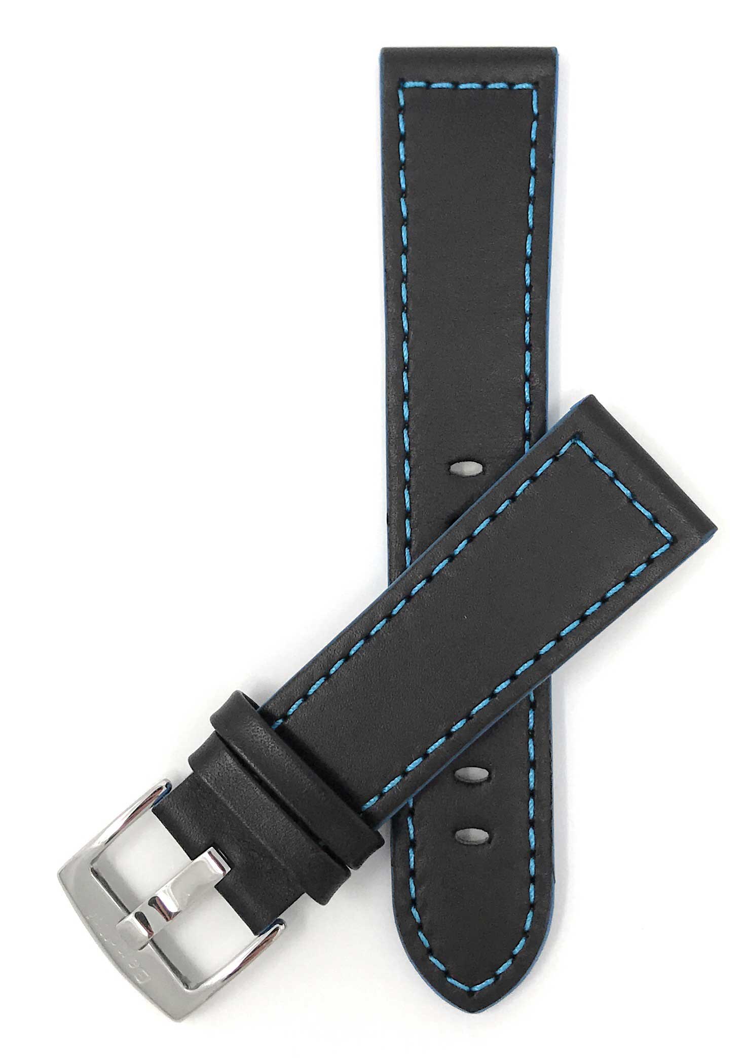 Bandini 20mm Extra long - Black / Blue Italian Leather Watch Band - Racer - Padded 20mm Extra long / Black / Blue / Silver Buckle |  Dial