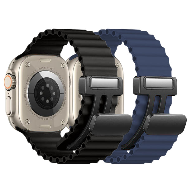 2 Pack - Magnetic Clasp Silicone Ocean Ripple Band for Apple Watch Ultra & Series 9/8/7/6 Black and Blue - 41mm/40mm/38mm |  Dial
