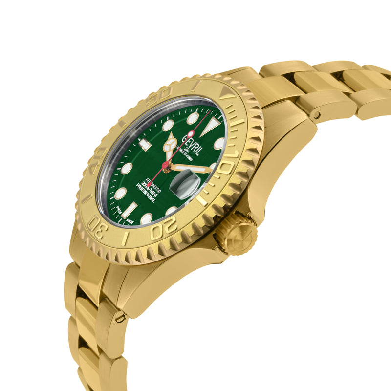 Wall Street Gevril Swiss Made SW200 IPYG Steel Rotating Bezel watch, Gold bezel, Green dial | Green Dial